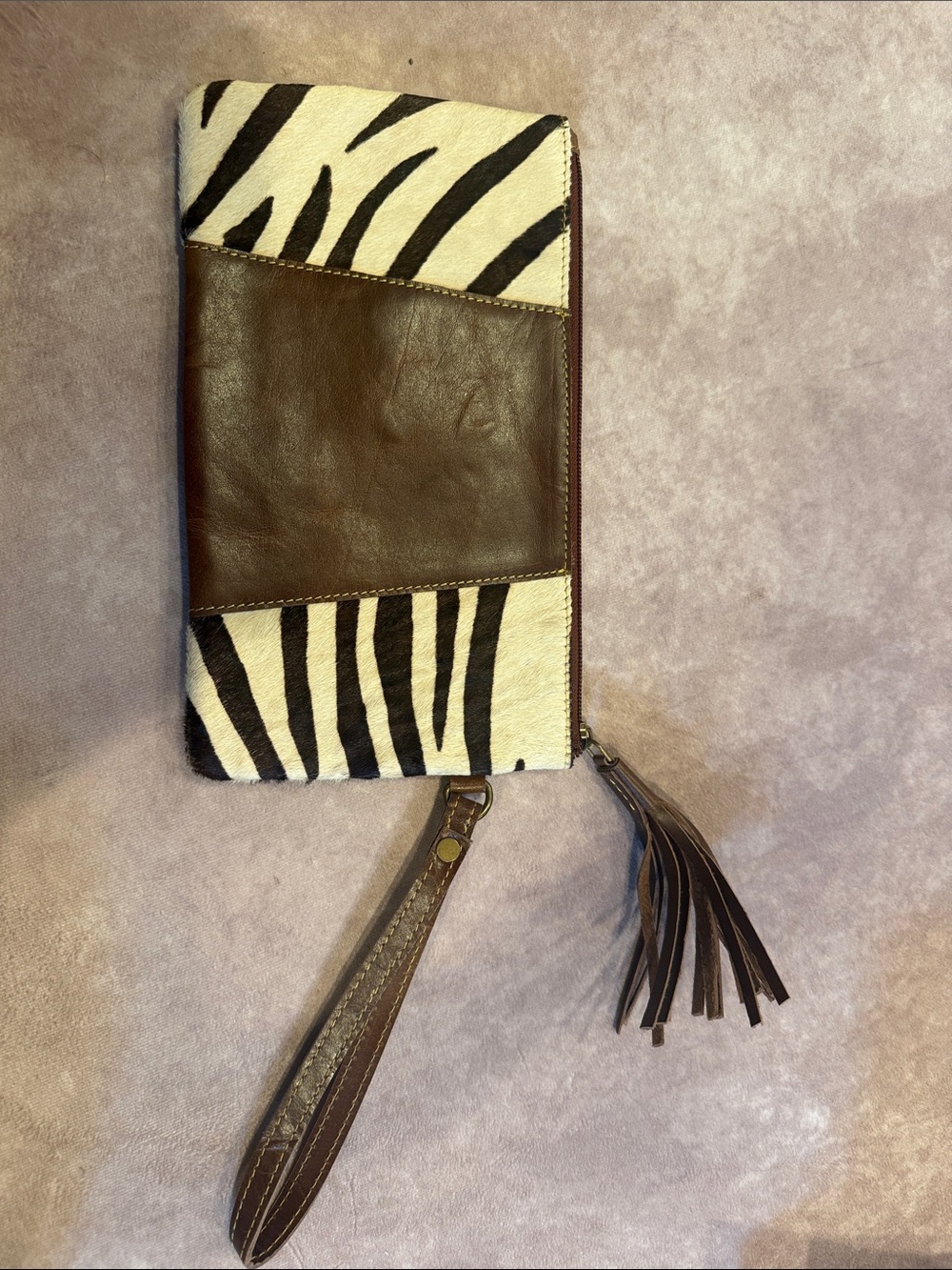 Zebra Print Leather Wristlet Clutch - Brown & Black